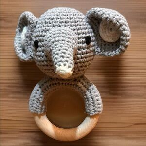 Knit Elephant Baby Rattle W/ Wooden Handle 5”